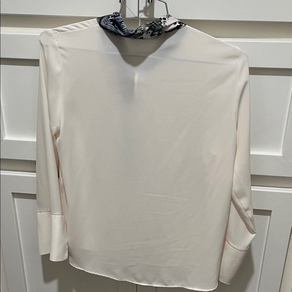 Zara Basic Cream Top With Blue Patterned Scarf - image 5